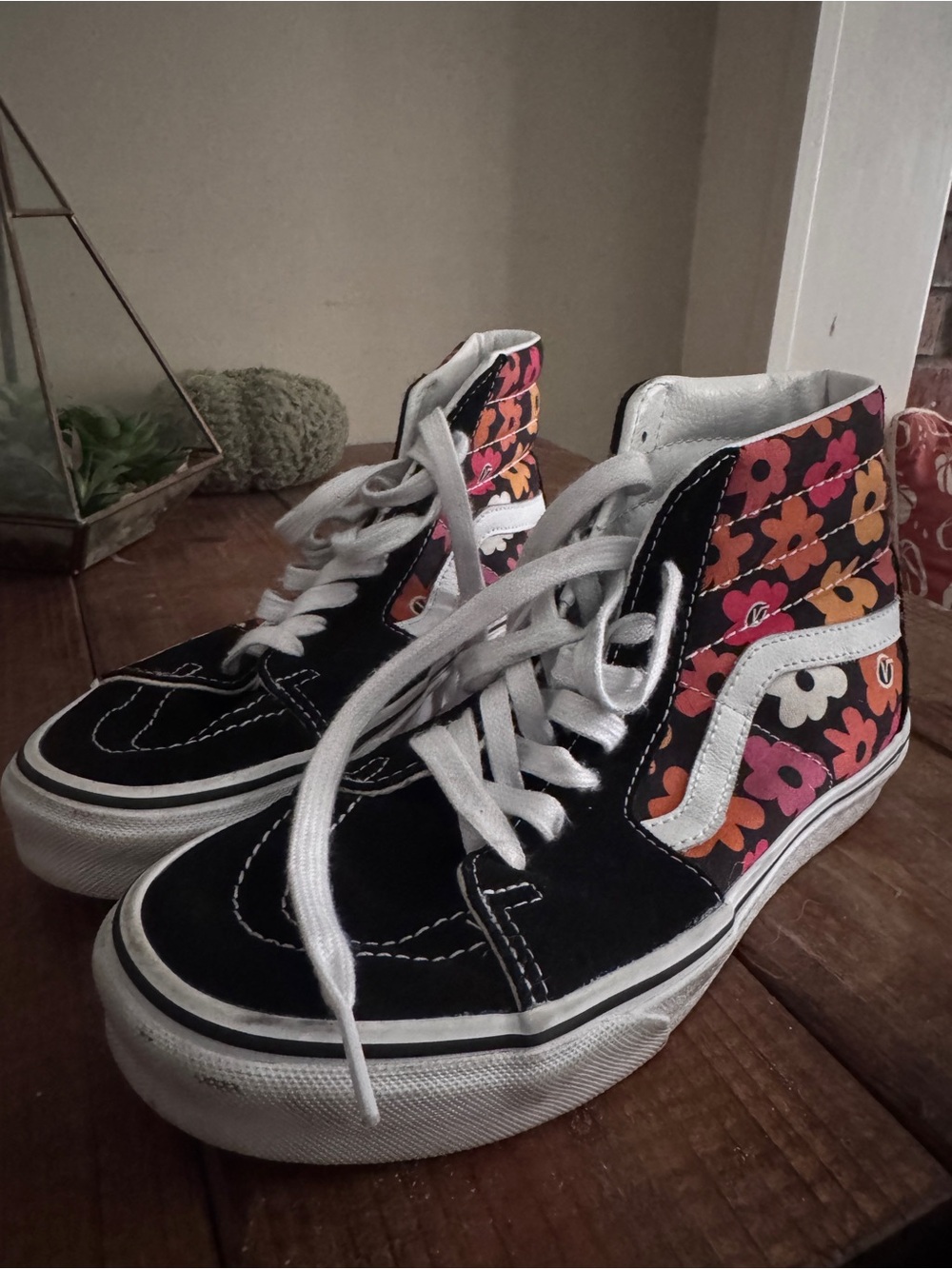 Vans Women's High-Top Sneakers in Black with Pink, Orange & Yellow Floral Panels